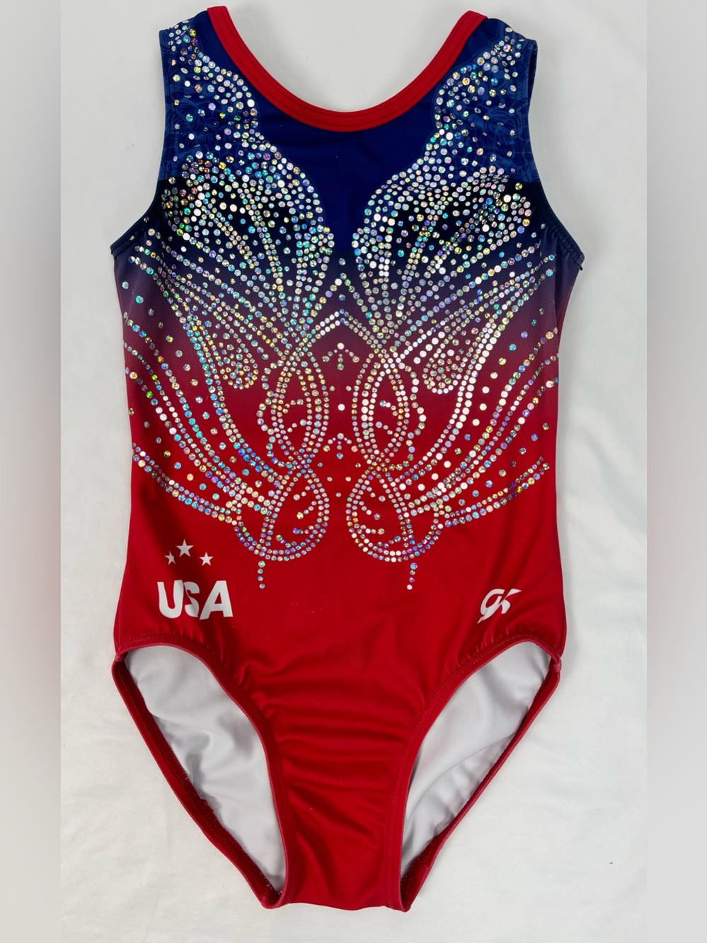 GK Elite Team USA Olympic Red Blue Tank Leotard CL Large Gymnastics Flaws